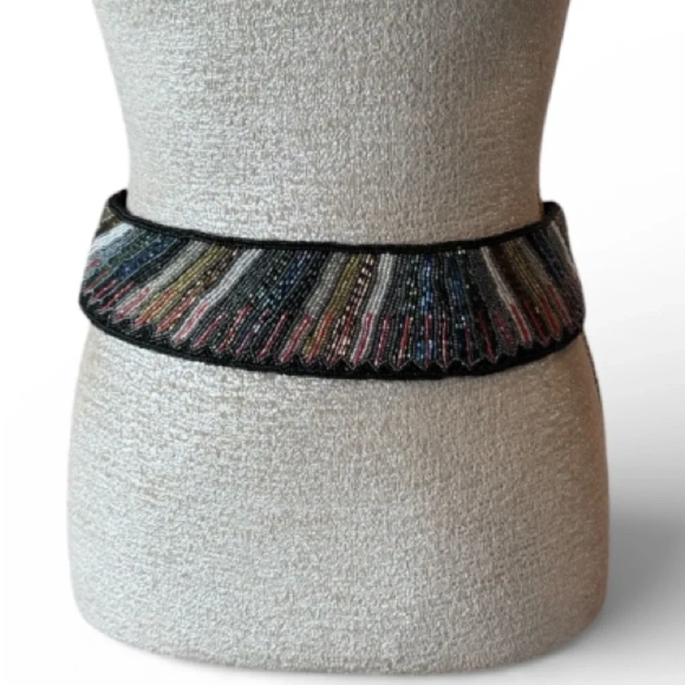 Vintage La Regale Multicolor Beaded Statement Waist Belt Black Retro Glam Size M